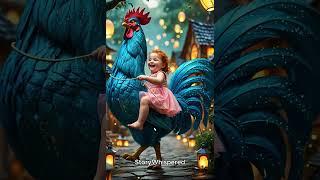 Baby Rides Giant Blue Rooster in Fairyland