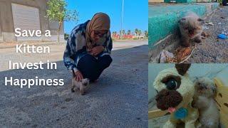 A poor, lonely kitten with a sick eye runs to the lady and asks her to save her.