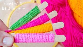 3 Super Easy Woolen Flower Making Trick Using Ice Cream Stick -Hand Embroidery Amazing Flower Design