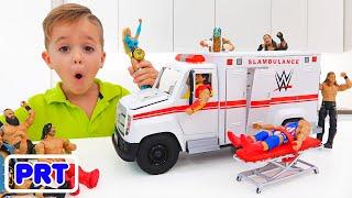 Vlad e Niki jogam com a WWE Slambulance Vehicle Brinquedo