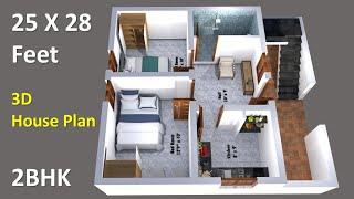 25 x 28 feet house plan & 3d elevation | 25 x 28 ghar ka naksha | 2 bedroom house design | Plan 11