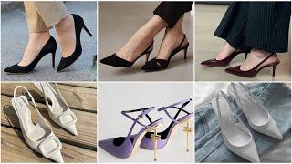 Sling back pyramid pointed toe heels