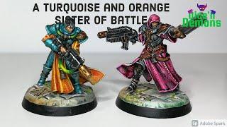 Painting a turquoise and orange Sister of Battle