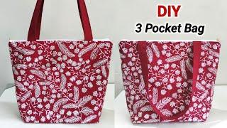 DIY 3 Pocket Zipper Tote Bag | Simple Tote Bag with Lining | Zipper Tote Bag Sewing Tutorial | Bag