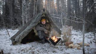 Solo Winter Camping in Cold Weather | Enjoyed a Simple Meal under the Tarp Shelter