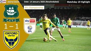 Plymouth Argyle 1-1 Oxford United, Matchday 19 (Rescheduled), 2024/25 EFL Championship Highlight