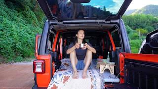 Solo Car Camping [Wrangler Rubicon] Cozy with air mat. Perfect ocean view.