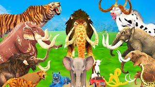 3 Giant Elephant Cow vs Giant Snake vs 3 Giant Lion Tiger Bull Attack Baby Elephant Buffalo Mammoth