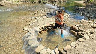 highland boy Block the stream to make traps to catch stream fish to sell, fish trap making skills