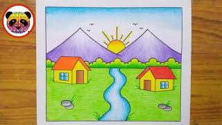 Scenery Drawing / How to Draw Beautiful Landscape Scenery / Village Scenery Drawing / Easy Scenery