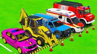 POLICE, LOADER, RESCUE CARS, AMBULANCE EMERGENCY VEHICLES, FIRE DEPARTMENT TRANSPORTING! FS22