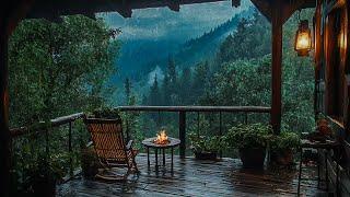 Rainy Balcony Ambience - Rain On Roof with Fire Pit Sounds - Deep Sleep, Relaxation, Work, Study