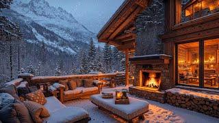 Cozy Winter Porch Ambience with Smooth Jazz Instrumental Music ️ Snowfall & Crackling Fireplace