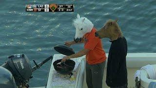 LAD@SF: Fans in horse masks grill in McCovey Cove