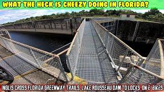 Cross Florida Greenway trails on eBikes. Lake Rousseau Dam. Inglis Locks. Hovsco, Magicycle, Keteles