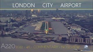 London City Airport Crosswind Pilot view Landing in the SWISS A220 (Cseries) 4K, 2022