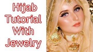 Wedding Hijab / Scarf style | Hijab with Jewelry I Bridal Hijab + wedding guest Makeup Tutorial