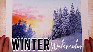 Winter Sunset Landscape Easy Watercolor Painting Tutorial