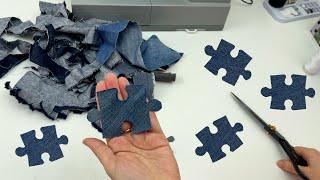 Cut out pieces of denim in the shape of puzzle pieces and sewed them together! Patchwork puzzle!