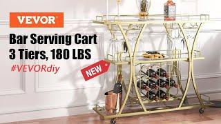 NEW ARRIVAL VEVOR 3 Tiers Gold Metal Bar Serving Cart with Wine Rack Glass Holder 180 LBS