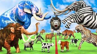 5 Giant Mammoth Elephant Cow vs 5 Giant Lion Tiger vs Attack Elephant Zebra Saved By Woolly Mammoth