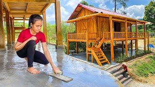 AMAZING GIRL : 500 hour pouring cement floor for stilt house - Complete wooden house