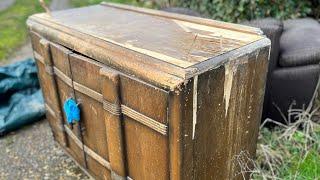 Old broken credenza RESTORATION. Peeling veneer and rotting wood. Refurbishing furniture.