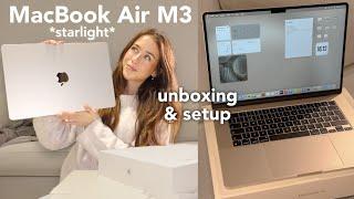 MacBook Air M3 Unboxing (starlight) 2024 | aesthetic customization & setup