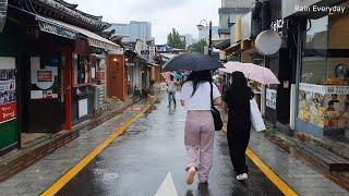 Gentle Rain Walk in Seoul Cafe Street Calms You Down. Relaxing Sound for Sleep Study Meditation.