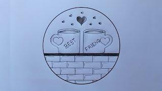 Friendship drawing easy| Best friend in Cup drawing| Pencil drawing| Circle Drawing| Bff drawing