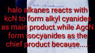 Halo alkanes react with kcN to form of alkyl cyanides as main product while AgcN form isocyanide as