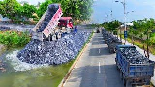 Heavy machinery, Processing Filling Up Foundation Road construction, By Bulldozer D31p & Dump Truck