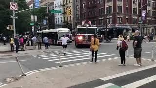 (NEAR COLLISION WITH PEDESTRIAN + LOTS OF HORN USAGE) FDNY Ladder 3 & Battalion 6 Responding