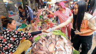 Early Morning Food Market Scene - Busy Food Shopping & Fresh Food For Buying & Selling - Fish Market