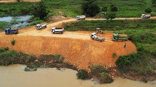 Mini Dump Truck Unloading Gravel And Dirt Building New Road - Small Bulldozer Pushing Dirt & Gravel