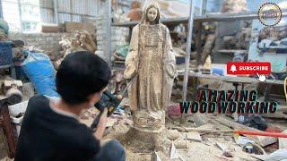 The Art of Wood Carving: A Journey to Create the Sacred Mother Mary Statue  || Crafted Woodworks