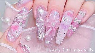 sub) Lovely Ribbon 3D Nails/Korean Nails / Extension nails / Nail art / Self-nails / ASMR