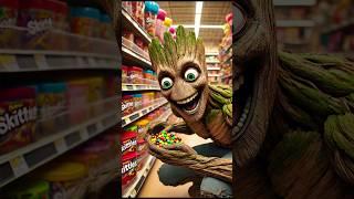 Groot steals skittles at the market! The raccoon is really pissed off.#Groot #marvel #ai #art #memes