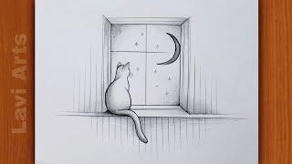 Easy Pencil drawing for beginners |How to draw cat sitting on window | Easy and beautiful drawings