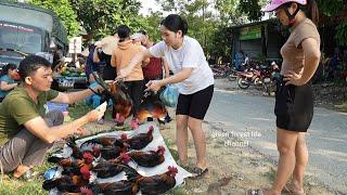 Robert sells roosters at the market. Green forest life