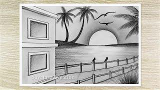 How to Draw Sunset Landscape with Pencil, Beautiful Sunset Drawing for Beginners