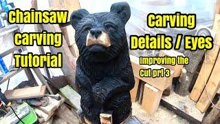 Chainsaw carving tutorial. Carving eyes and detail carving . Prt 3