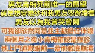 （完結爽文）男友青梅死前唯一的願望，就是想穿婚紗和我男友舉辦婚禮，男友以為我會哭會鬧，可我卻欣然同意並主動擔任伴娘，兩個月之後小青梅確認是誤診，他上門道歉眼前一幕他徹底崩潰！#幸福#出軌#家產#白月光