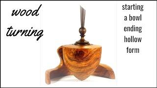 woodturning  starting a olive wood bowl ending one hollow form