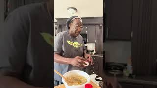 Mrs Netta cooking dinner for Charles chicken dressing macaroni cheese green