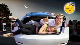 We Spent The Night In My Girlfriend's Tesla! | Dobre Brothers