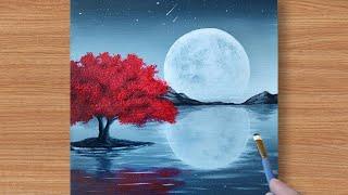 Red Tree | Black & White Painting | Full Moon Acrylic Painting for Beginners