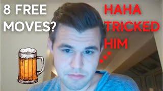 DRUNK Magnus Carlsen gifts 8 free moves and crushes GM