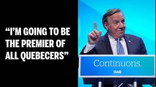 François Legault addresses CAQ supporters after winning his second majority government