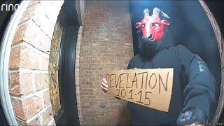 Unknown man wearing satanic mask, holding sign with apocalyptic Bible verse stuns Texas neighbors